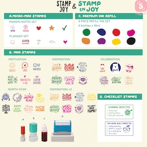 May include: A set of colorful stamps for teachers and students. The stamps feature motivational phrases like "You are Great!" and "Super Duper!" as well as checklist stamps for marking learning objectives. The set includes 8 bottles of ink refill.