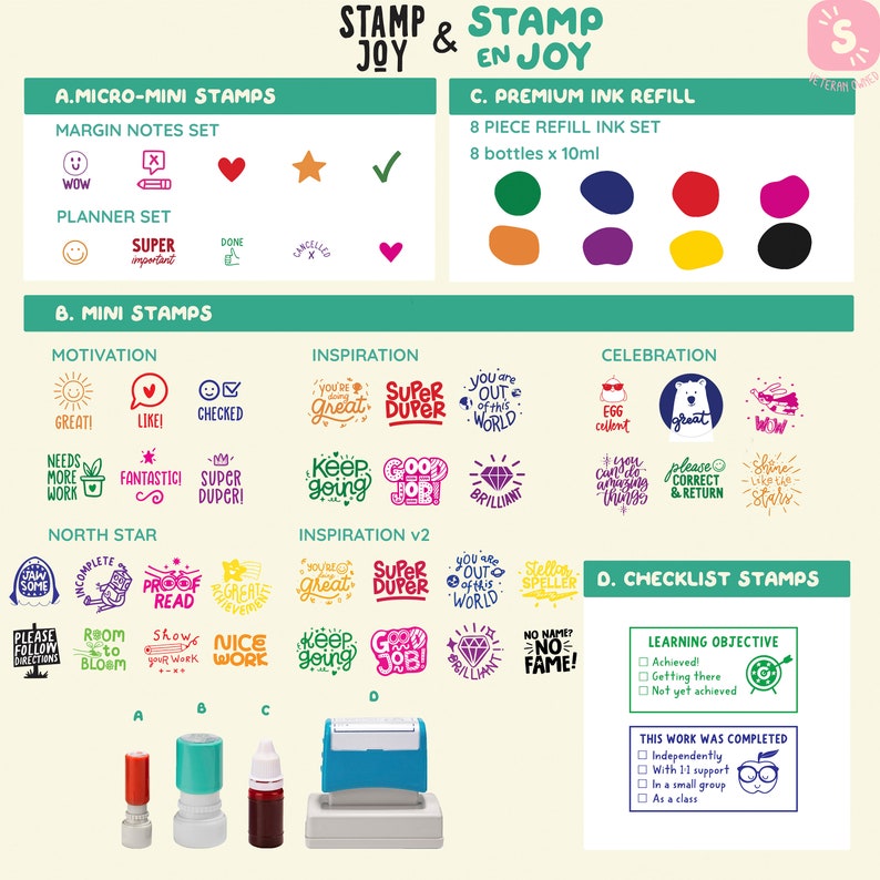 May include: A set of colorful stamps for teachers and students. The stamps feature motivational phrases like "You are Great!" and "Super Duper!" as well as checklist stamps for marking learning objectives. The set includes 8 bottles of ink refill.