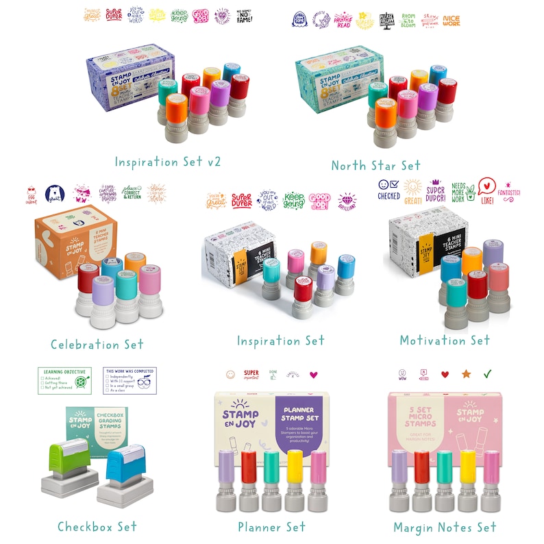 May include: Assortment of colorful stamp sets with various motivational and inspirational phrases. The sets include "Inspiration Set v2", "North Star Set", "Celebration Set", "Inspiration Set", "Motivation Set", "Checkbox Set", "Planner Set", and "Margin Notes Set".