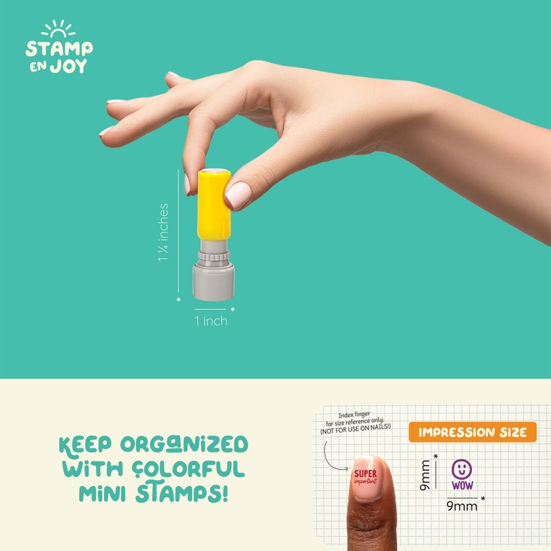 May include: A yellow and gray mini stamp with the text "SUPER" on it. The stamp is 1 inch tall and 1 1/2 inches wide. The stamp is being held by a hand. The image also shows the size of the stamp impression, which is 9mm wide.