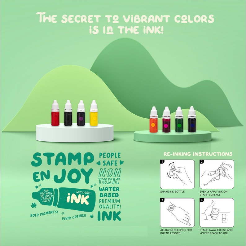 May include: A set of six colorful ink bottles for stamping. The bottles are labeled "STAMP EN JOY" and feature the text "People Safe Non Toxic Water Based Premium Quality! Ink". The bottles are arranged on a white platform with a green background.