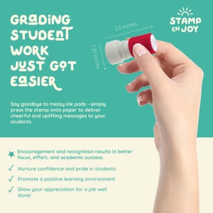 May include: A red and white self-inking stamp with the text "STAMP EN JOY" and a sun graphic. The stamp is 2.5 inches wide and 1.25 inches tall. The text "GRADING STUDENT WORK JUST GOT EASIER" is written in a playful font. The text below the stamp reads "Say goodbye to messy ink pads - simply press the stamp onto paper to deliver cheerful and uplifting messages to your students".  The text below that reads "Encouragement and recognition results in better focus, effort, and academic success. Nurture confidence and pride in students. Promote a positive learning environment. Show your appreciation for a job well done!"