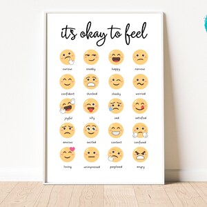 Op de afbeelding: Een afdrukbare poster met de tekst "it's okay to feel" en een raster van 16 gele emoji-gezichten met verschillende uitdrukkingen. Elk emoji-gezicht heeft een woord eronder dat de emotie beschrijft, zoals "nieuwsgierig", "stiekem", "gelukkig", "zenuwachtig", "zelfverzekerd", "geschokt", "stout", "bezorgd", "vrolijk", "dom", "verdrietig", "tevreden", "angstig", "opgewonden", "tevreden", "verward", "liefhebbend", "onbeïnvloed", "verbijsterd", en "boos".