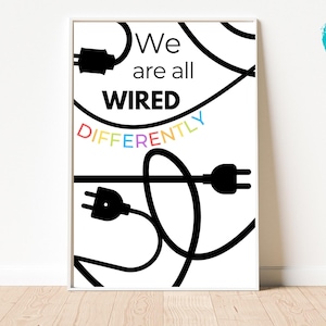 Könnte beinhalten: Ein weißer druckbarer Poster mit schwarzem Text und Illustrationen von Stromkabeln und Steckern. Der Text lautet "We are all WIRED DIFFERENTLY".