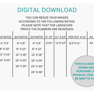 May include: A chart showing different print sizes for digital downloads. The chart includes the following ratios: 4/5, 3/4, 2/3, 5" x 7", 11" x 14", PDF 8.5" x 11", and A4. The chart also includes the following sizes: 4" x 5", 6" x 8", 4" x 6", 5" x 7", 11" x 14", 8.5" x 11", and A4. The chart also includes the following sizes: 8" x 10", 9" x 12", 8" x 12", 12" x 15", 12" x 16", 12" x 18", 16" x 20", 15" x 20", 16" x 24", 18" x 24", 20" x 30", and 24" x 36". The chart also includes the following text: "This is a digital download purchase. No physical item will be sent to you."