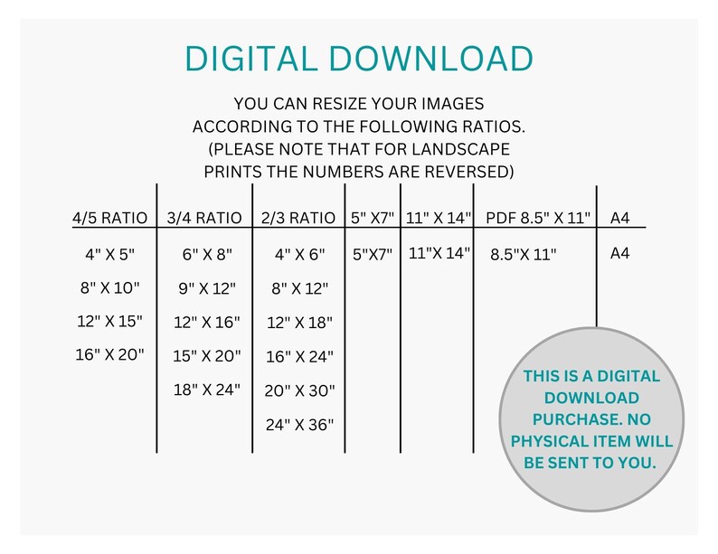 May include: A chart showing different print sizes for digital downloads. The chart includes the following ratios: 4/5, 3/4, 2/3, 5" x 7", 11" x 14", PDF 8.5" x 11", and A4. The chart also includes the following sizes: 4" x 5", 6" x 8", 4" x 6", 5" x 7", 11" x 14", 8.5" x 11", and A4. The chart also includes the following sizes: 8" x 10", 9" x 12", 8" x 12", 12" x 15", 12" x 16", 12" x 18", 16" x 20", 15" x 20", 16" x 24", 18" x 24", 20" x 30", and 24" x 36". The chart also includes the following text: "This is a digital download purchase. No physical item will be sent to you."