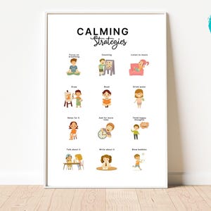 Può includere: Un poster stampabile con illustrazioni di bambini che usano strategie per calmarsi. Il poster ha il titolo "Strategie per calmarsi" e elenca strategie come "Concentrati sulla respirazione", "Contare", "Ascolta la musica", "Disegna", "Leggi", "Bevi acqua", "Rilassati per 5 minuti", "Chiedi più tempo", "Pensa a pensieri felici", "Parlane", "Scrivi a riguardo" e "Soffia bolle".