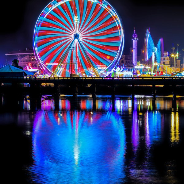 Del Mar Fair Grounds Midway Carnival Ferris Wheel Lights Reflection, San Diego County Fair, Southern California,  - Photo Print, Canvas Art