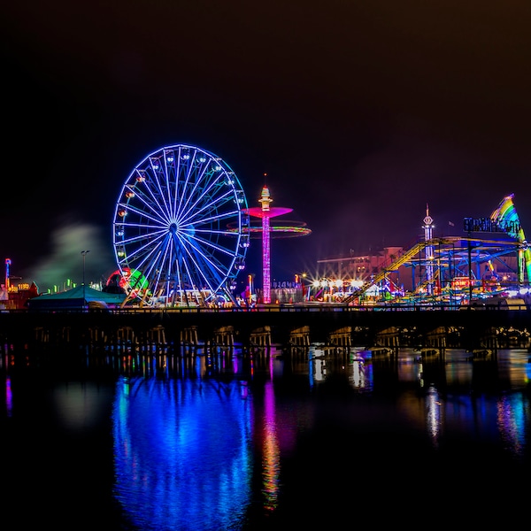 Del Mar Fair Grounds Carnival Lights reflected on the water, San Diego County Fair, California Landscape Photography - Photo or Canvas print