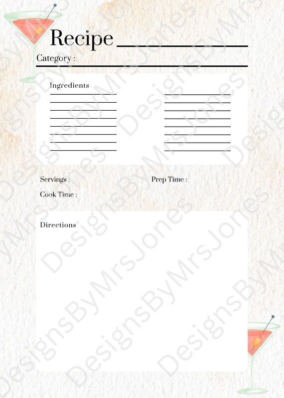 Printable Digital Martini Recipe Cards Etsy
