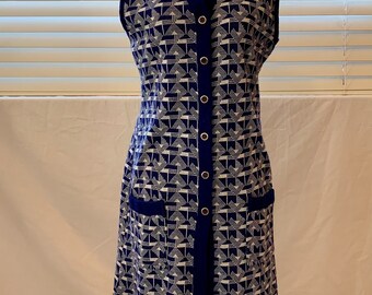 Vtg 70s Knit Sleeveless Long Cardigan Blue Geometric Pattern Modern Women’s L