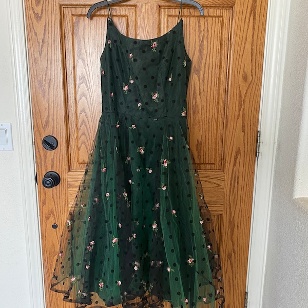 Vtg 50s 60s Green Black Polka Dot Floral Embroidered Tulle Cupcake Dress M L