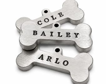 Personalized Bone Dog Tag, Hand-Stamped Stainless Steel Pet ID, USA Made