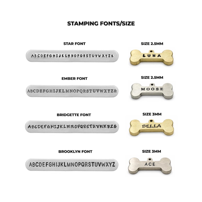 Image showcasing various dog tag fonts and sizes. Includes examples of Star, Ember, Bridgette, and Brooklyn fonts. Bone-shaped tags display names like "LUNA", "MOOSE", "BELLA", and "ACE". Tag sizes are 2.5mm and 3mm. Font options for engraved dog name tags personalized for pets with custom stamping styles
