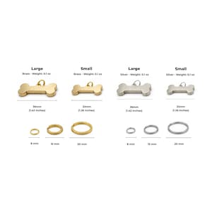 A product display featuring dog bone-shaped pet tags in brass and silver. The large brass tag is 36mm (1.42 inches), and the small is 32mm (1.26 inches). Silver tags are also available in large and small sizes. Key rings are also shown. Size comparison chart for personalized dog tags including small and large custom dog tags for pets