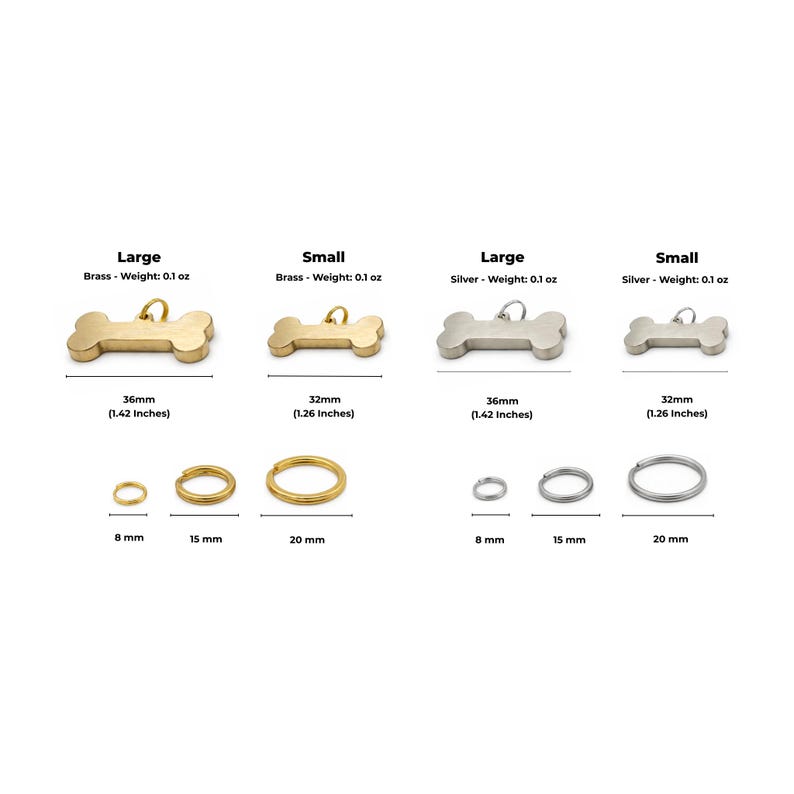 A product display featuring dog bone-shaped pet tags in brass and silver. The large brass tag is 36mm (1.42 inches), and the small is 32mm (1.26 inches). Silver tags are also available in large and small sizes. Key rings are also shown. Size comparison chart for personalized dog tags including small and large custom dog tags for pets