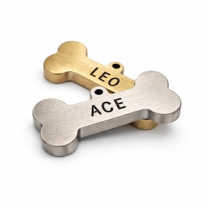 Op de afbeelding: Twee botvormige huisdierlabels. Eén is goudkleurig met de naam "LEO" gegraveerd, en de andere is zilverkleurig met "ACE" gegraveerd. Beide labels hebben een klein gaatje voor bevestiging aan een halsband.