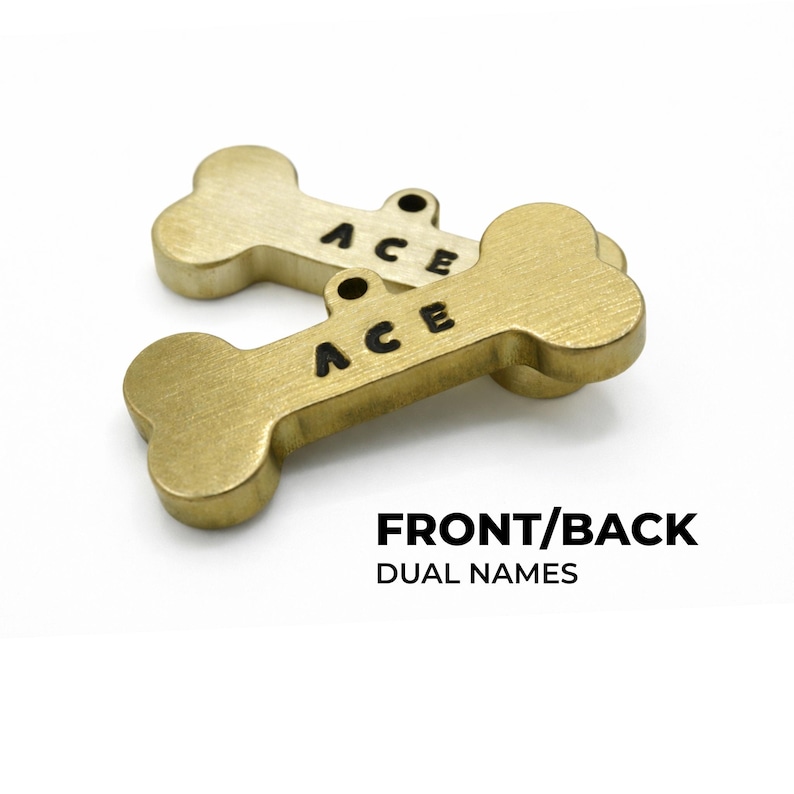 Two brass-colored dog bone-shaped tags, each engraved with the name "ACE" in black. The tags are designed for dual names, with "FRONT/BACK" and "DUAL NAMES" printed below.