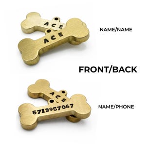 Two gold-colored dog bone-shaped pet tags. One tag has the name "ACE" engraved on it. The other tag has a phone number engraved on it. The tags are designed to be attached to a pet's collar. Custom dog tag engraved with name and phone number example, personalized dog ID tags engraved for pets