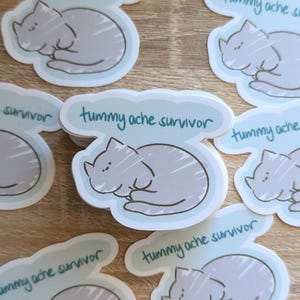 May include: A set of nine stickers featuring a cartoon cat curled up sleeping with the text "tummy ache survivor" on a blue background.