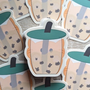 Boba Tea Aquarium Vinyl Sticker | unique bubble tea, boba cat sticker, laptop decal, water proof laptop decal, kawaii milk tea