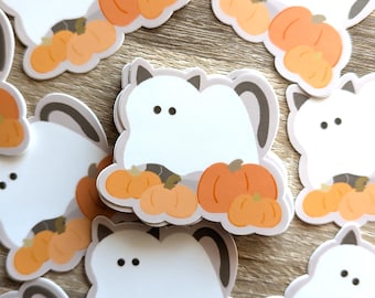 Spooky Ghost Black Cat Vinyl Sticker | weatherproof water bottle sticker black cat autumn vibes spoopy spooky cat