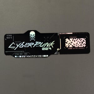May include: A black rectangular sticker with a white skull and crossbones icon, the text Cyberpunk 007, and various technical markings. On the right side, a square QR code is visible with the text AI Generated and CODE 587457488883 printed below it.