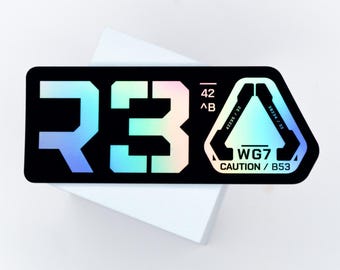 Holo Cyberpunk Sticker, R3 WG7 Caution Tag, Industrial Mecha Chassis Vinyl Decal