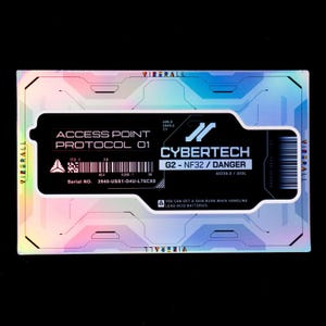 Puede incluir: Una pegatina rectangular con acabado holográfico y un panel central negro. El texto dice ACCESS POINT PROTOCOL 01, CYBERTECH G2 - NF32 / DANGER, e incluye un código de barras, el número de serie 2940-USS1-D4U-L76CX8 y una advertencia sobre baterías de plomo.