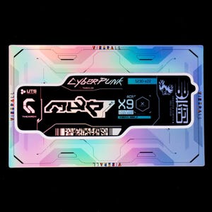 May include: A rectangular sticker with a holographic finish featuring a black, irregularly shaped overlay. The overlay displays the text Cyberpunk, UTS, Thearch, ACR X9, and various technical symbols, barcodes, and alphanumeric codes in white.