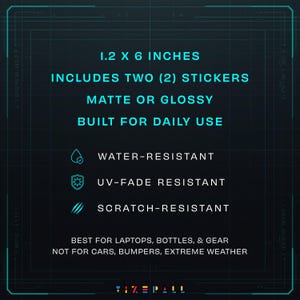 May include: A dark background graphic with cyan text stating 1.2 x 6 inches, includes two stickers, matte or glossy, built for daily use, water-resistant, UV-fade resistant, scratch-resistant, best for laptops, bottles, gear, not for cars, bumpers.