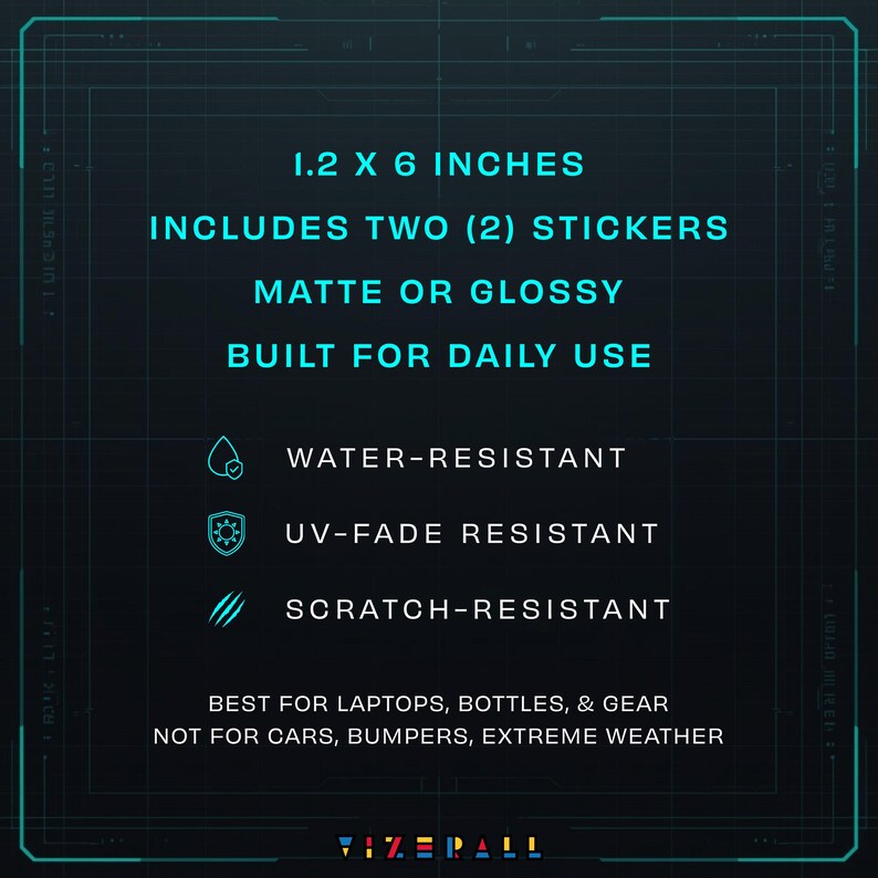 May include: A dark background graphic with cyan text stating 1.2 x 6 inches, includes two stickers, matte or glossy, built for daily use, water-resistant, UV-fade resistant, scratch-resistant, best for laptops, bottles, gear, not for cars, bumpers.