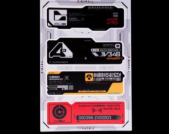 Cyberpunk Sticker Sheet, Industrial Hardware Console Gaming Decal Set - 4 Pack