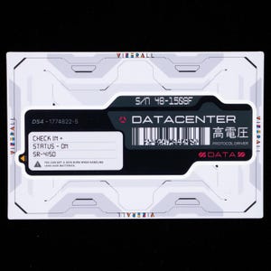 May include: A rectangular sticker with a white background and grey geometric patterns. It features a black central panel labelled DATACENTER, a barcode, serial number 48-1508F, and text including CHECK IN, STATUS - ON, SR-4150, and a warning about lead-acid batteries.