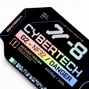 Pegatina holográfica de vinilo Cyberpunk Danger - Calcomanía premium de 5,5 x 2,7 cm - Calcomanía de ciencia ficción para portátiles, botellas, equipos tecnológicos, consolas de videojuegos y uso en exteriores