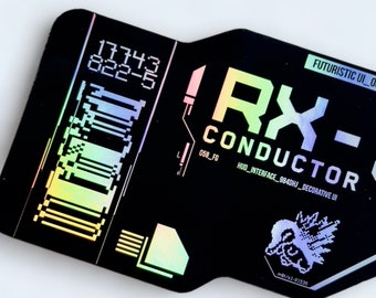 May include: A black sticker with a holographic finish featuring the text RX-CONDUCTOR, FUTURISTIC UI_0, and HUD_INTERFACE_984DHJ_DECORATIVE UI. It includes pixelated graphics, numerical codes 17743 822-5, and a small icon labeled m8t/s1-31535.