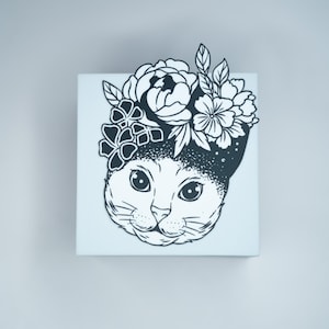 Floral Cat Vinyl Sticker | Premium Black and White Flower Head Cat Decal | Botanical Animal Sticker for Laptop, Water Bottle, or Notebook