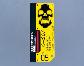 Cyberpunk Sticker, NRX-9 Robotics Tag, Mech Skull Yellow Vinyl Decal