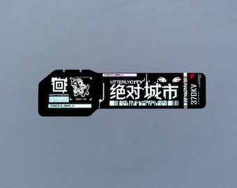 May include: A black rectangular sticker with rounded corners featuring white graphic elements, including a small creature illustration, the text "UTTERLY CITY", "绝对城市", "CAUTION FUSED PIVOT", "370KV", and various technical symbols and barcodes.