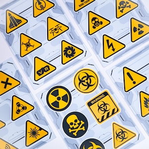 Yellow Warning Decal Sticker Pack: 30 Sci-Fi Gaming Dystopian Tech Vinyl Decals