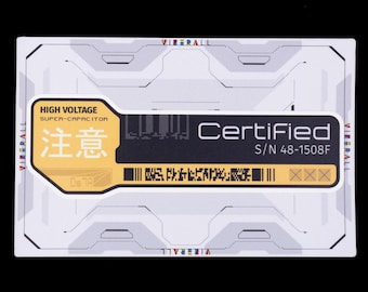 May include: A rectangular white sticker featuring a technical design with grey geometric outlines. A central black and yellow label reads HIGH VOLTAGE SUPER-CAPACITOR, the Japanese characters for caution, Certified, S/N 48-1508F, and VIVERAL.