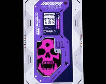 Cyberpunk Sticker, NRX-9 Robotics Tag, Pixel Skull Mech Vinyl Decal
