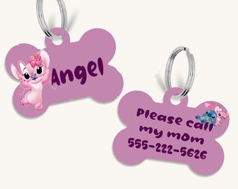 Personalized double sided Angel, Stitch pet id tag, Character cute dog and cat tag, Angel dog tag, Angel cat tag, custom silent id pet tag