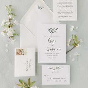 Conjunto Olivia - Conjunto de convite de casamento com azeitonas da Apúlia - 6 peças + envelope principal e endereçamento de envelope RSVP