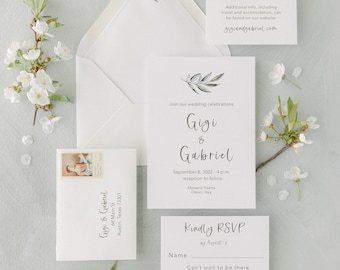 Conjunto Olivia - Conjunto de invitación de boda de aceitunas de Apulia - 6 piezas + sobre principal y dirección de sobre RSVP