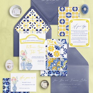 Amelia set - Mediterrane tegels huwelijksuitnodigingsset - 6 stuks + hoofdenvelop en adressering RSVP-envelop