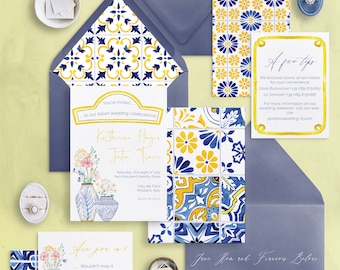 Amelia set - Mediterranean tiles wedding invitation set - 6 pieces + main envelope and RSVP envelope addressing