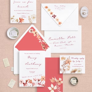 Conjunto Viola - Conjunto de convite de casamento com flores silvestres - 6 peças + envelope principal e endereçamento de envelope RSVP