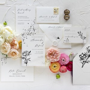 Caterina set - Tinta y caligrafía conjunto mínimo de invitación de boda - 6 piezas + sobre principal y sobre RSVP direccionamiento