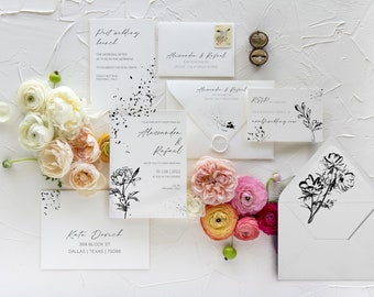 Caterina set - Ink and calligraphy minimal wedding invitation set - 6 pieces + main envelope and RSVP envelope addressing